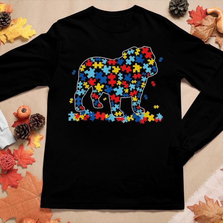 Funny English Bulldog Autism Awareness Dog Dad Mom Gift Women Graphic Long Sleeve T-shirt Funny Gifts