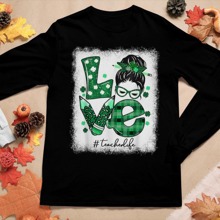 Funny Love Messy Bun Teacher Life St Patricks Day Shamrock V3 Women Graphic Long Sleeve T-shirt Funny Gifts