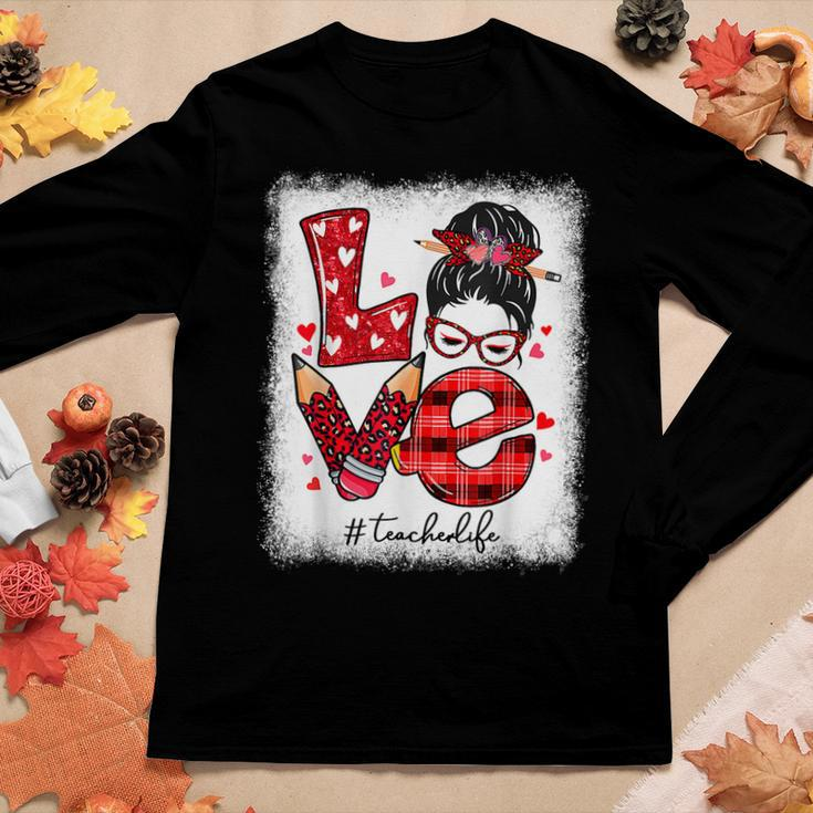 Funny Love Messy Bun Teacher Life Valentines Day Matching V2 Women Graphic Long Sleeve T-shirt Funny Gifts