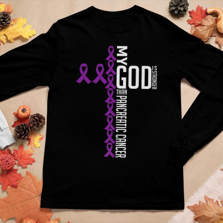 My God Is Stronger Than Pancreatic Cancer Awareness Warrior Women Long Sleeve T-shirt Unique Gifts
