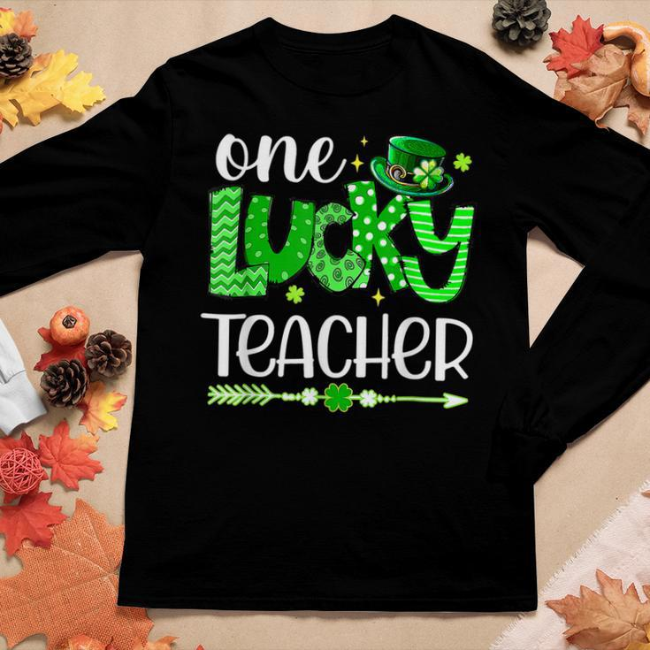 Green Leopard Shamrock One Lucky Teacher St Patricks Day Women Graphic Long Sleeve T-shirt Funny Gifts