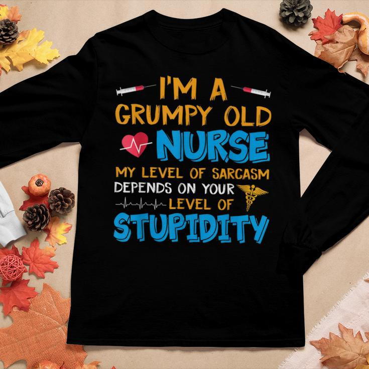 A Grumpy Old Nurse My Level Of Sarcasm Depends On Stupidity Women Long Sleeve T-shirt Unique Gifts