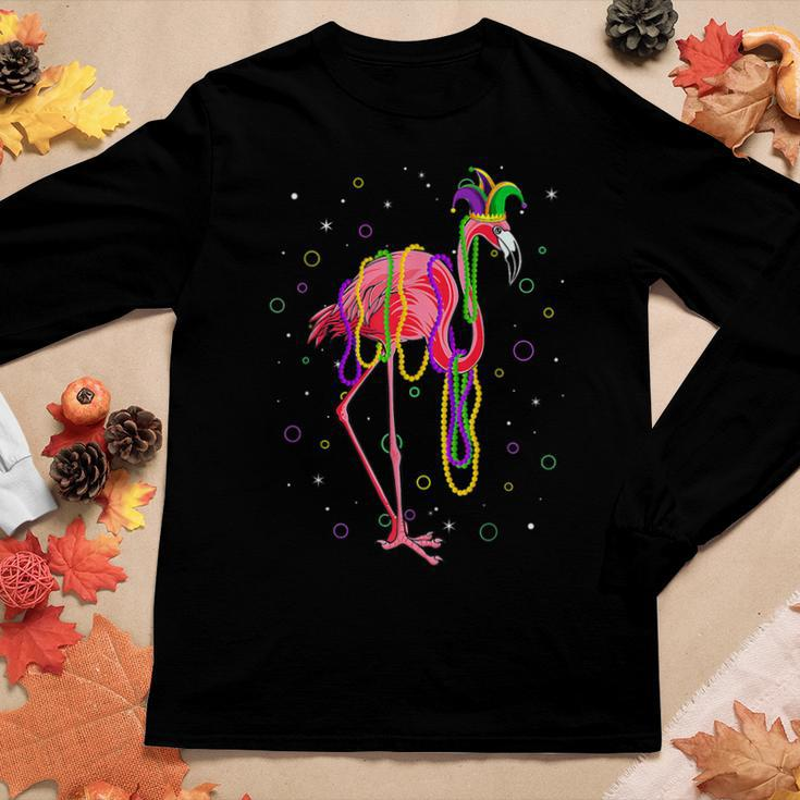 Jester Flamingo & Beads Mardi Gras Fat Tuesday Parade Girls Women Graphic Long Sleeve T-shirt Personalized Gifts