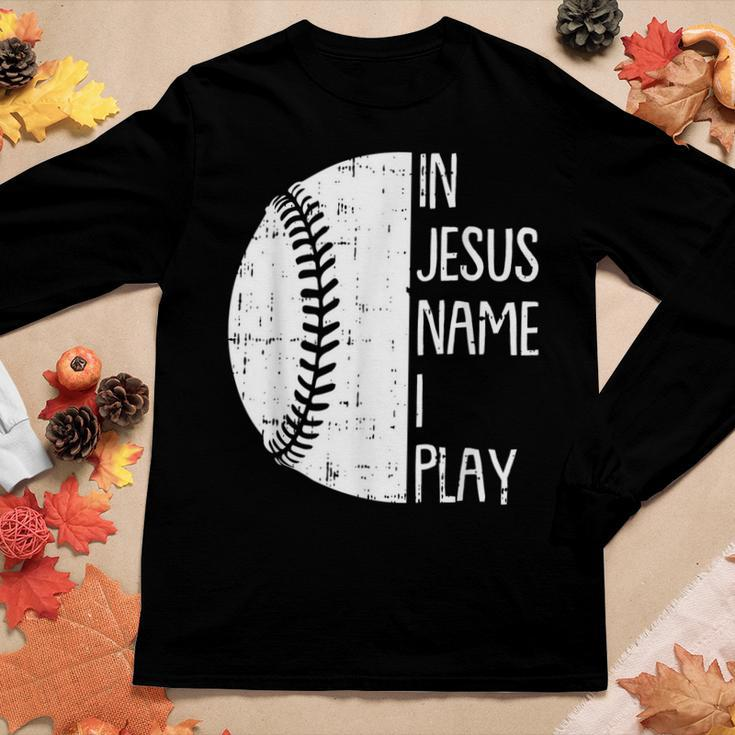 In Jesus Name Christmas Christian I Play Baseball Player Women Long Sleeve T-shirt Unique Gifts