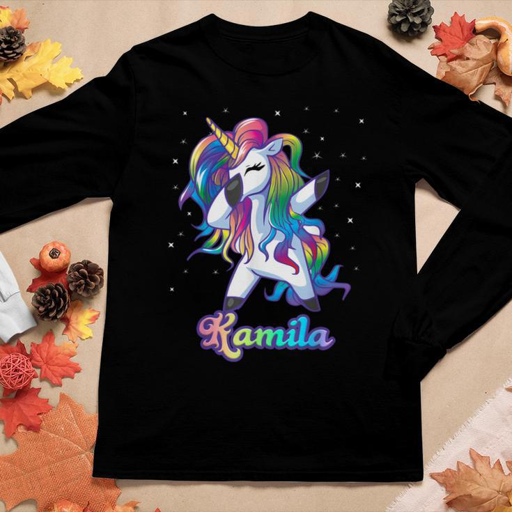 Kamila Name Personalized Custom Rainbow Unicorn Dabbing Women Long Sleeve T-shirt Unique Gifts