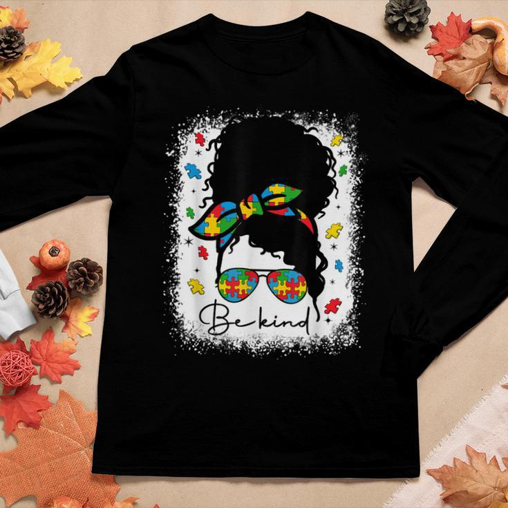 Be Kind Autism Awareness Messy Bun Afro Autistic Girl Woman Women Long Sleeve T-shirt Unique Gifts