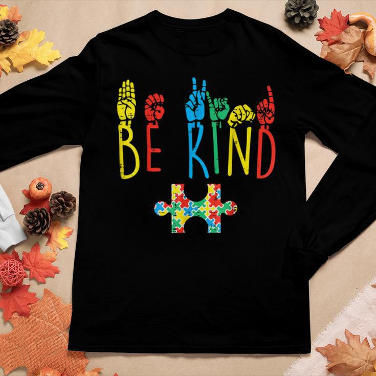 Be Kind Hand Sign Language Puzzle Autism Awareness Asl Mom Women Long Sleeve T-shirt Unique Gifts