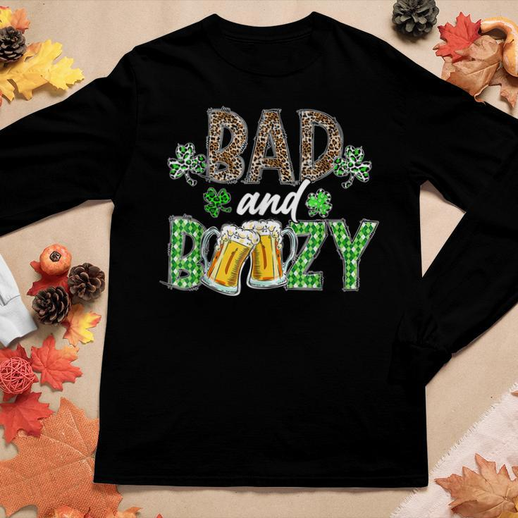 Leopard St Patricks Day Bad And Boozy Beer Drinking Irish Women Graphic Long Sleeve T-shirt Personalized Gifts