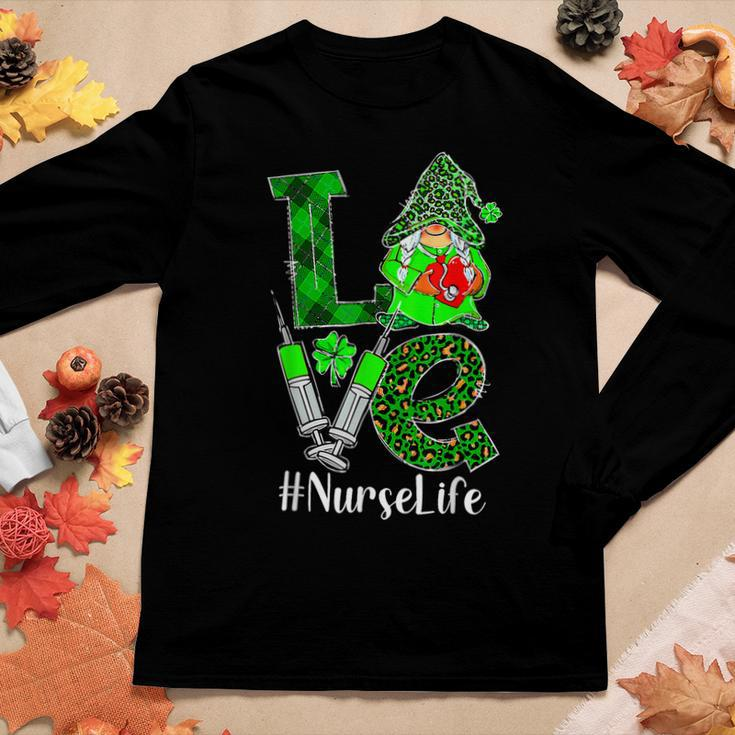 Love Gnome Nurse Life St Patricks Day Leopard Shamrock Women Graphic Long Sleeve T-shirt Funny Gifts