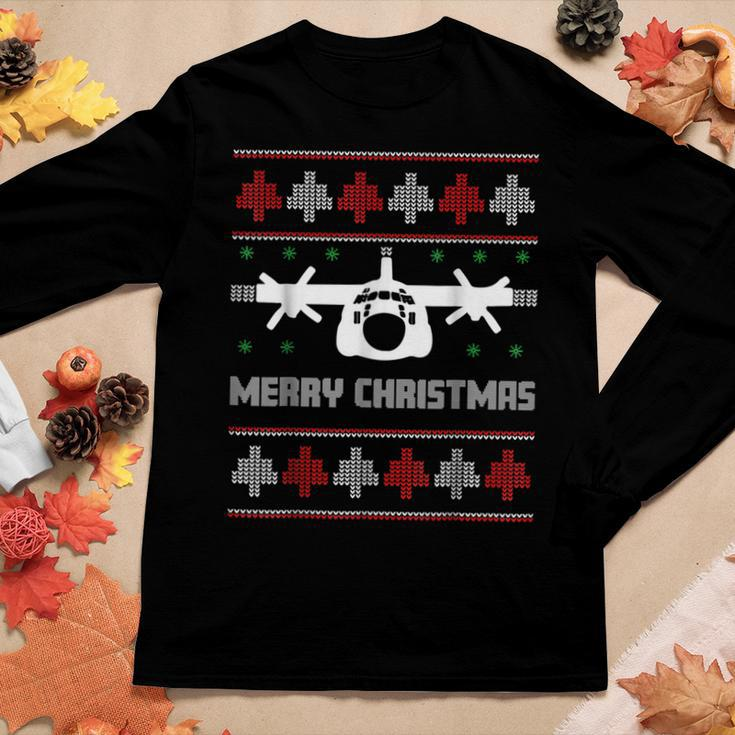 Military Airplane Ugly Christmas Sweater Army Veteran Xmas Women Graphic Long Sleeve T-shirt Funny Gifts