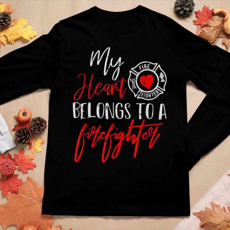 My Heart Belongs To A Firefighter Gift For Wife Girlfriend Women Graphic Long Sleeve T-shirt Funny Gifts