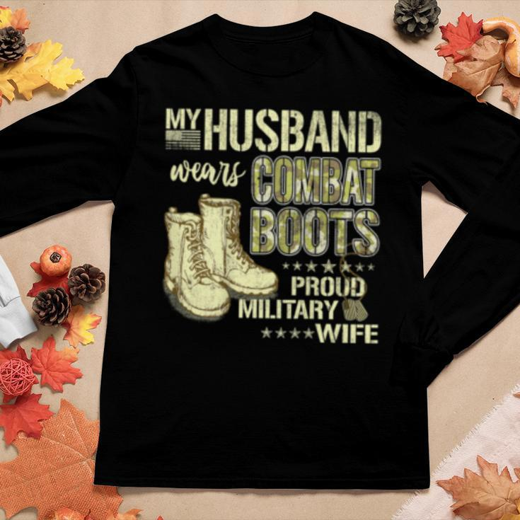 My Husband Wears Combat Boots Dog Tags - Proud Military Wife Women Graphic Long Sleeve T-shirt Funny Gifts