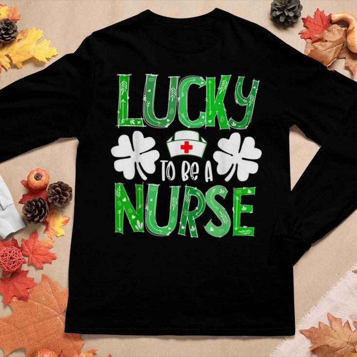 Nurse St Patricks Day Lucky To Be A Nurse Shamrocks Plaid Women Graphic Long Sleeve T-shirt Personalized Gifts