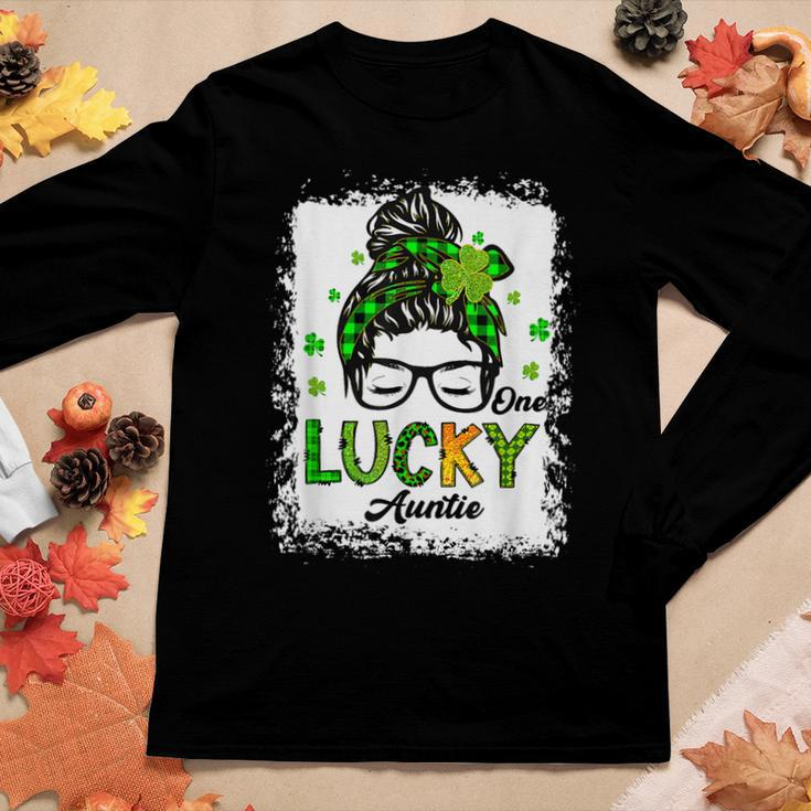 One Lucky Auntie Messy Bun Shamrock St Patricks Day Women Graphic Long Sleeve T-shirt Personalized Gifts