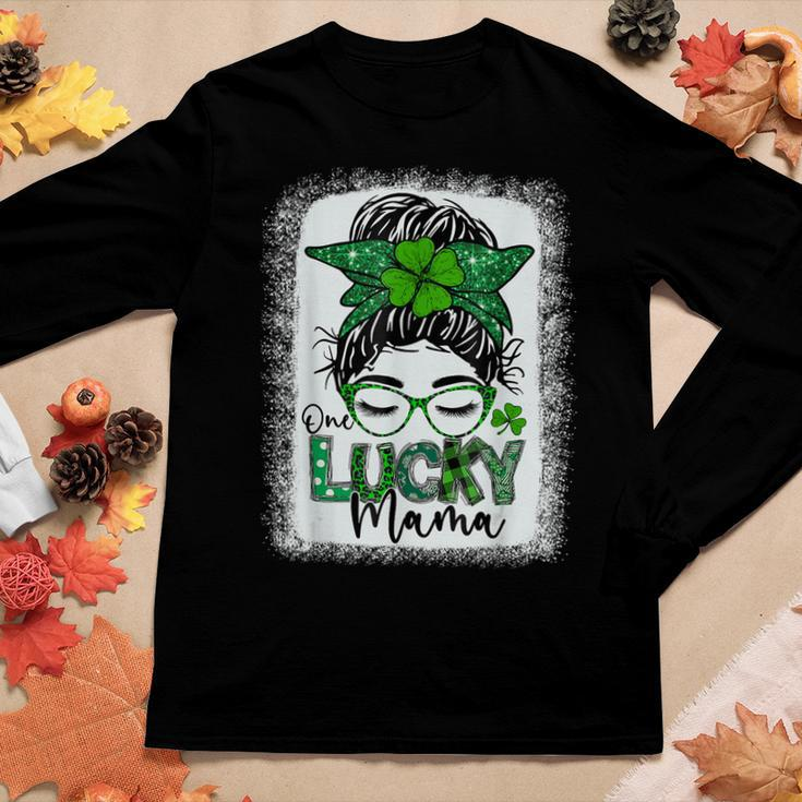 One Lucky Mama St Patricks Day Messy Bun Leopard Bandana Women Long Sleeve T-shirt Unique Gifts
