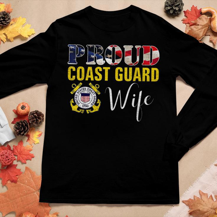 Proud Coast Guard Wife With American Flag For Veteran Day Women Graphic Long Sleeve T-shirt Funny Gifts
