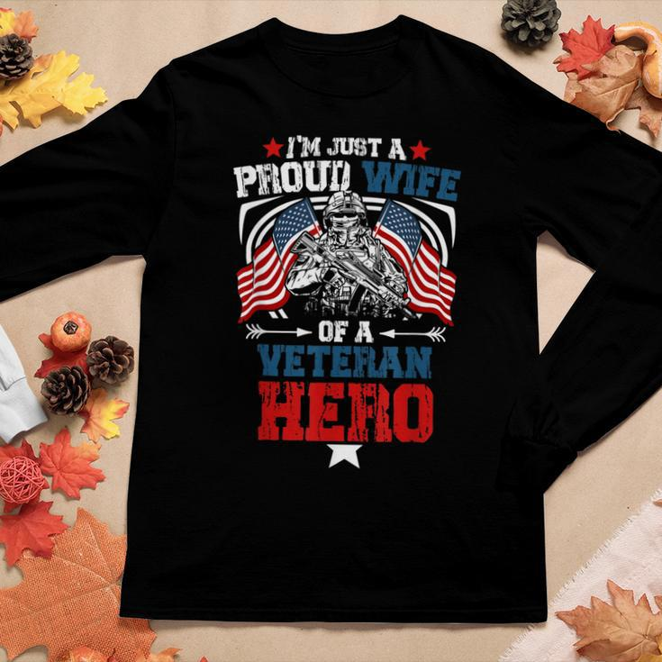 Proud Wife Veteran Hero Us Flag Vintage Veterans Day Husband Women Graphic Long Sleeve T-shirt Funny Gifts