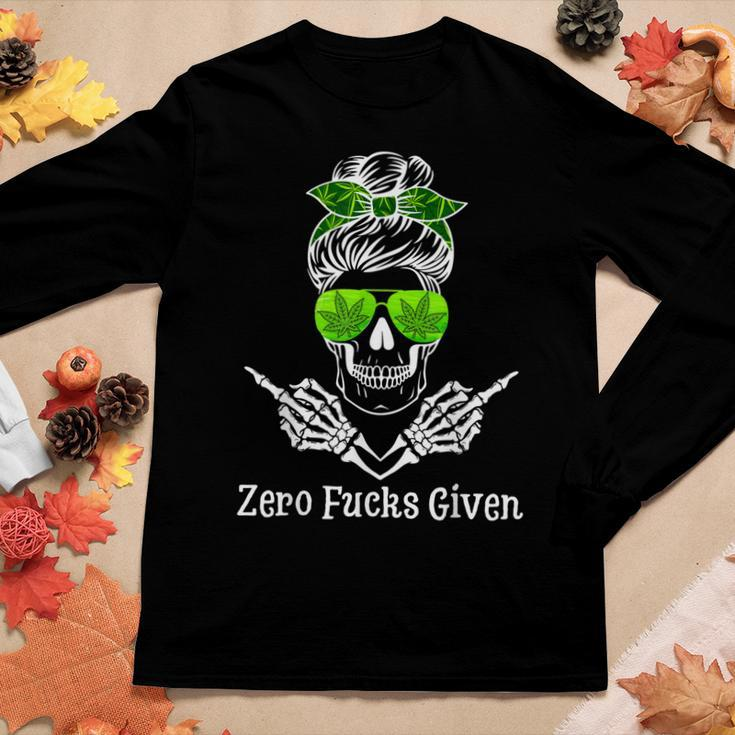 Skull Messy Bun Mom Weed Leaf 420 Marijuana Women Long Sleeve T-shirt Unique Gifts