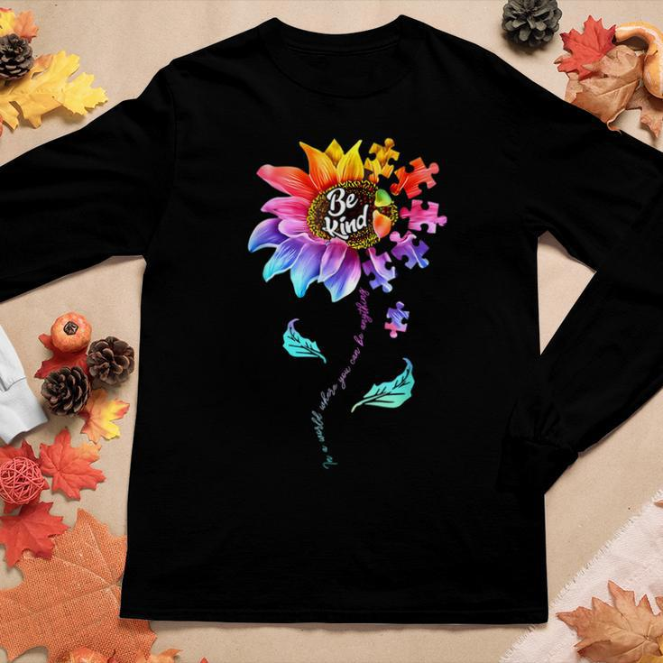 Sunflower Autism Awareness Be Kind Puzzle Mom Support Kids Women Long Sleeve T-shirt Unique Gifts