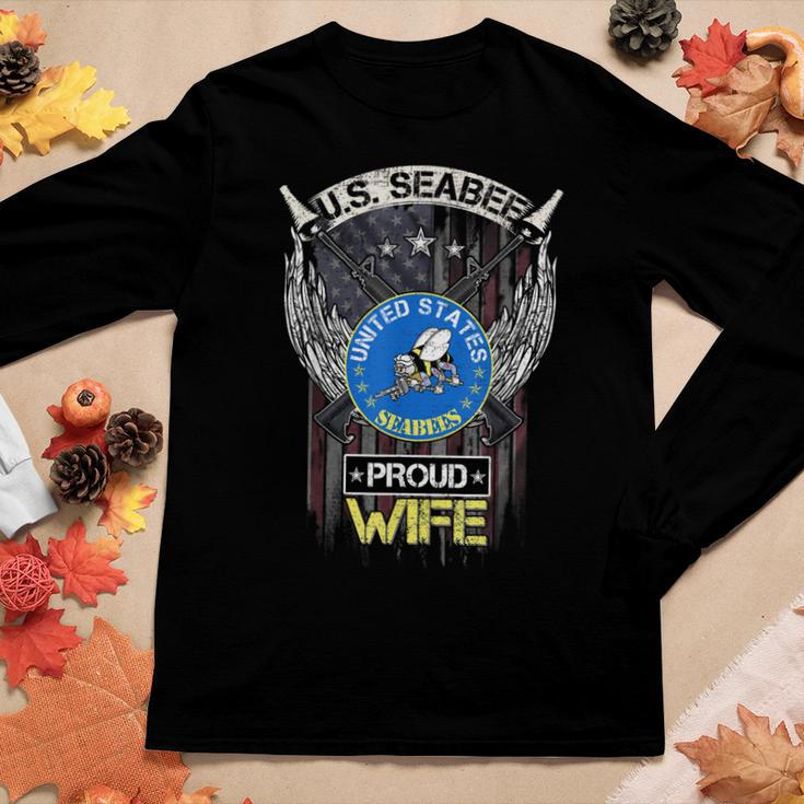 Vintage Usa American Flag Us Seabee Proud Veteran Wife Funny Women Graphic Long Sleeve T-shirt Funny Gifts