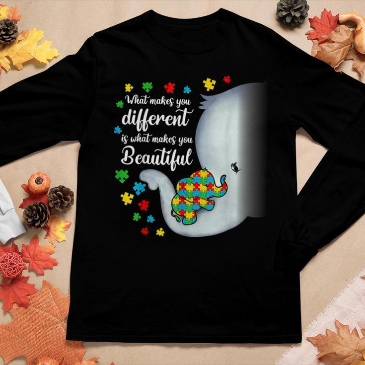 What Makes You Different Elephant Autism Mom Boys Girl Kids Women Graphic Long Sleeve T-shirt Funny Gifts