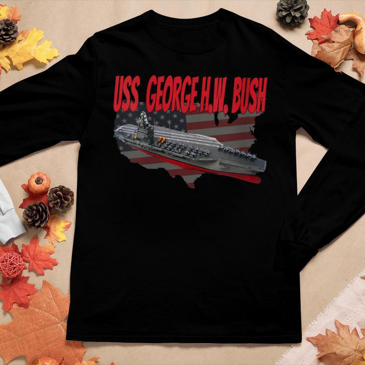 Womens Aircraft Carrier Uss George HW Bush Cvn-77 Grandpa Dad Son Women Graphic Long Sleeve T-shirt Funny Gifts