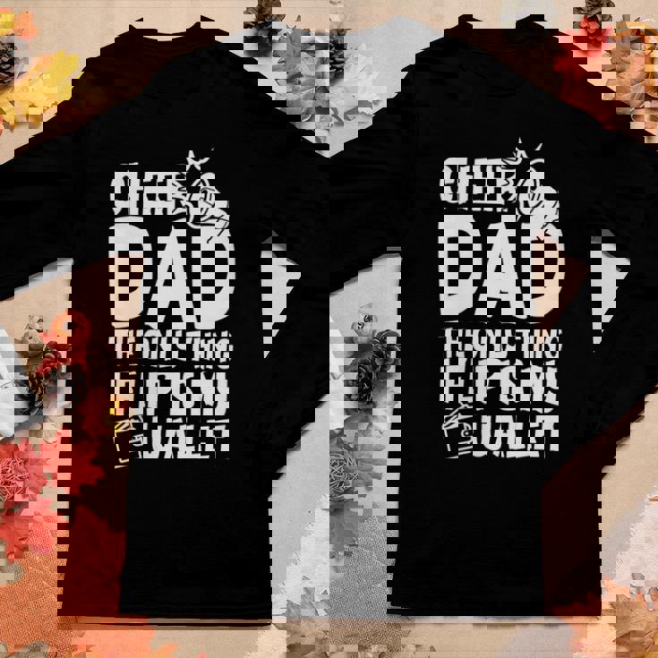 Womens Cheer Dad The Only Thing I Flip Is My Wallet Fathers Day Women Graphic Long Sleeve T-shirt Personalized Gifts