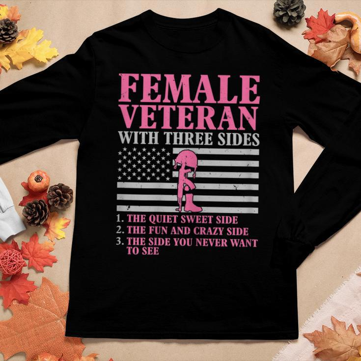 Womens Female Veteran With Three Sides Women Veteran Mother Grandma Women Graphic Long Sleeve T-shirt Funny Gifts