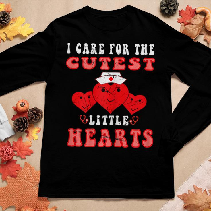 Womens I Care For The Cutest Little Hearts Groovy Nurse Valentines Women Graphic Long Sleeve T-shirt Funny Gifts