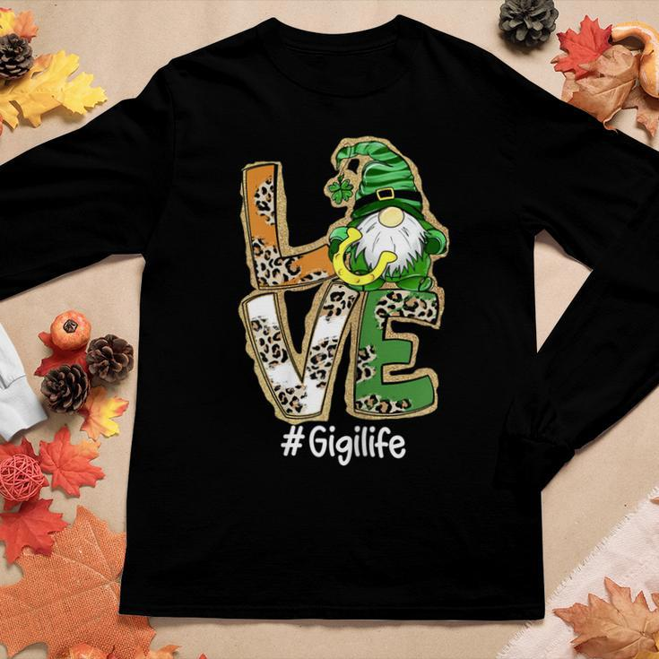 Womens Love Gigi Life Gnome Funny St Patricks Day Lucky Shamrock Women Graphic Long Sleeve T-shirt Personalized Gifts