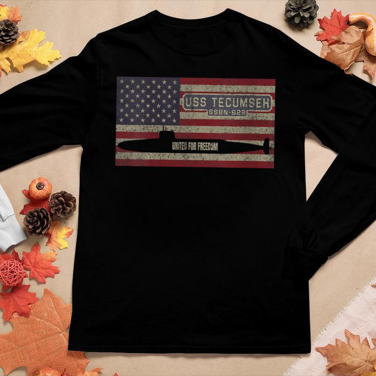 Womens Uss Tecumseh Ssbn-628 Nuclear Submarine American Flag Women Graphic Long Sleeve T-shirt Funny Gifts