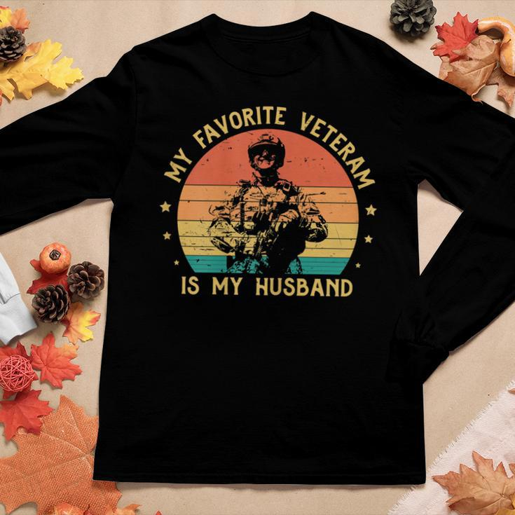 Womens Veteran Wife My Favorite Veteran Is My Husband Veterans Day Women Graphic Long Sleeve T-shirt Funny Gifts