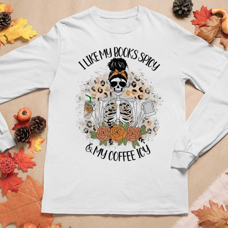 I Like My Books Spicy And My Coffee Icy Women Skeleton Women Long Sleeve T-shirt Unique Gifts