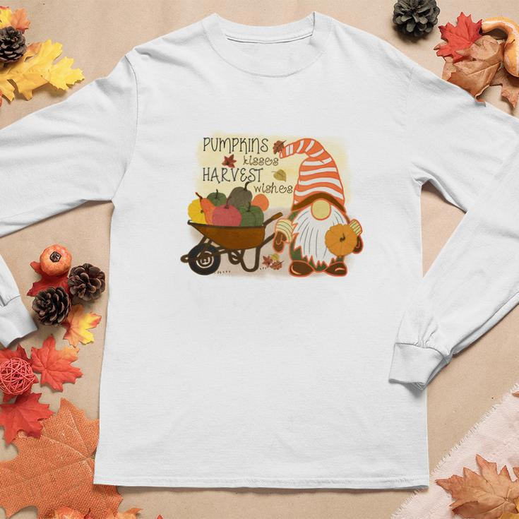 Funny Fall Gnomes Pumpkin Kisses And Harvest Wishes Women Graphic Long Sleeve T-shirt Personalized Gifts