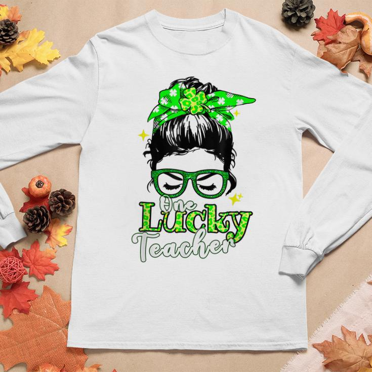 Funny Love Messy Bun Teacher Life St Patricks Day Shamrock V2 Women Graphic Long Sleeve T-shirt Funny Gifts