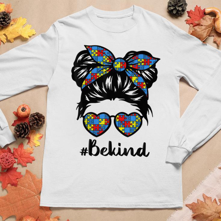 Be Kind Messy Bun Girls Kids Autism Awareness Kindness Month Women Long Sleeve T-shirt Unique Gifts