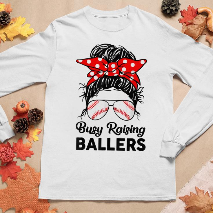 Messy Bun Busy Raising Ballers Mom Baseball Mother Women Long Sleeve T-shirt Unique Gifts