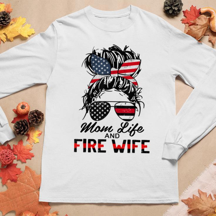 Mom Life And Fire Wife Firefighter American Flag 4Th Of July Women Graphic Long Sleeve T-shirt Funny Gifts
