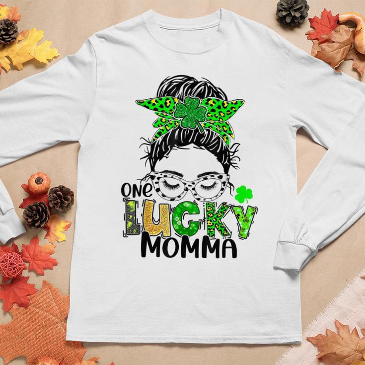One Lucky Momma Messy Bun Mom Shamrock St Patricks Day Women Graphic Long Sleeve T-shirt Personalized Gifts
