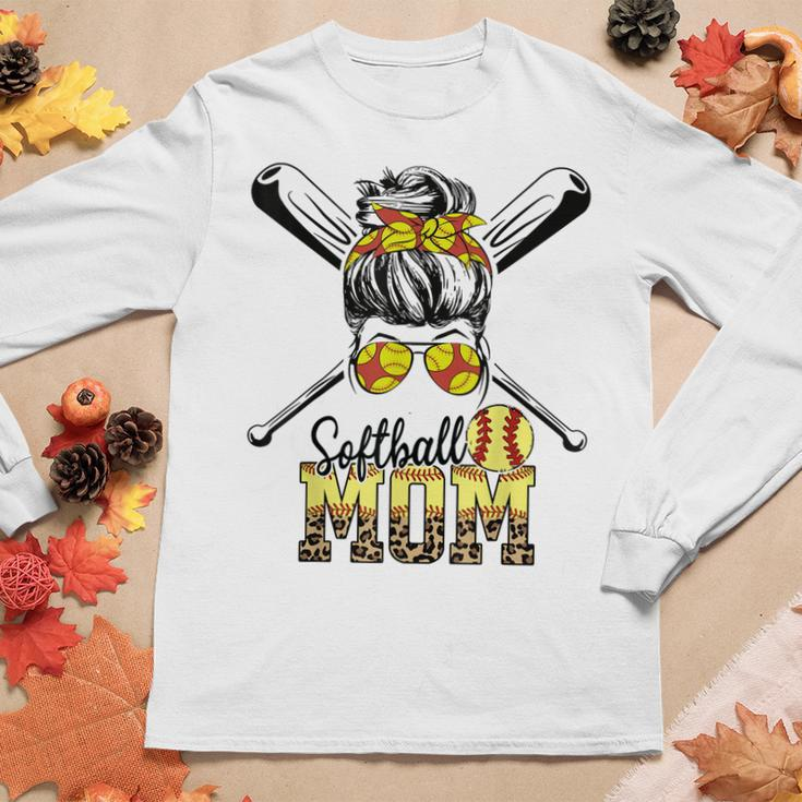 Softball Mom Messy Bun Leopard Softball 2023 Women Long Sleeve T-shirt Unique Gifts