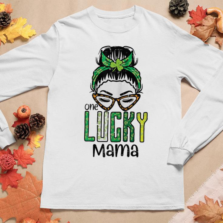 Womens St Patricks Day Messy Bun Lucky Mama Saint Paddys Mom Women Women Long Sleeve T-shirt Unique Gifts