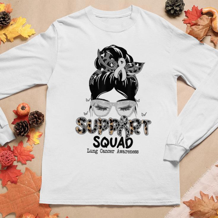 Support Squad Messy Bun Butterfly White Ribbon Lung Cancer Women Long Sleeve T-shirt Unique Gifts