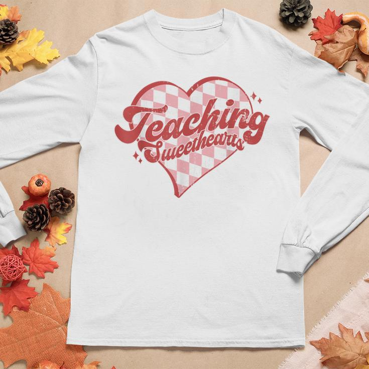 Teaching Sweethearts Checkered Heart Valentines Day Teacher Women Graphic Long Sleeve T-shirt Funny Gifts