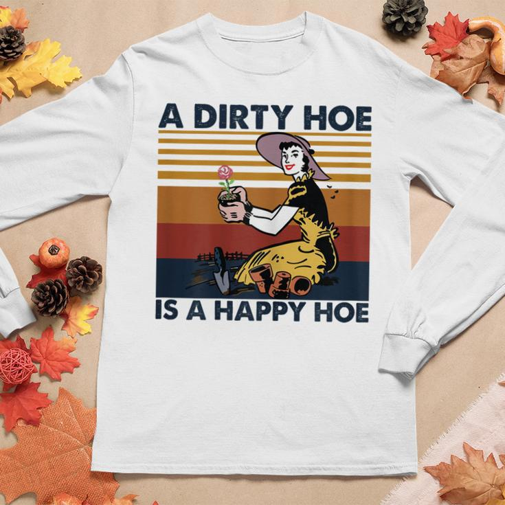 Womens A Dirty Hoe Is A Happy Hoe Vintage Retro Funny Garden Lover Women Graphic Long Sleeve T-shirt Funny Gifts
