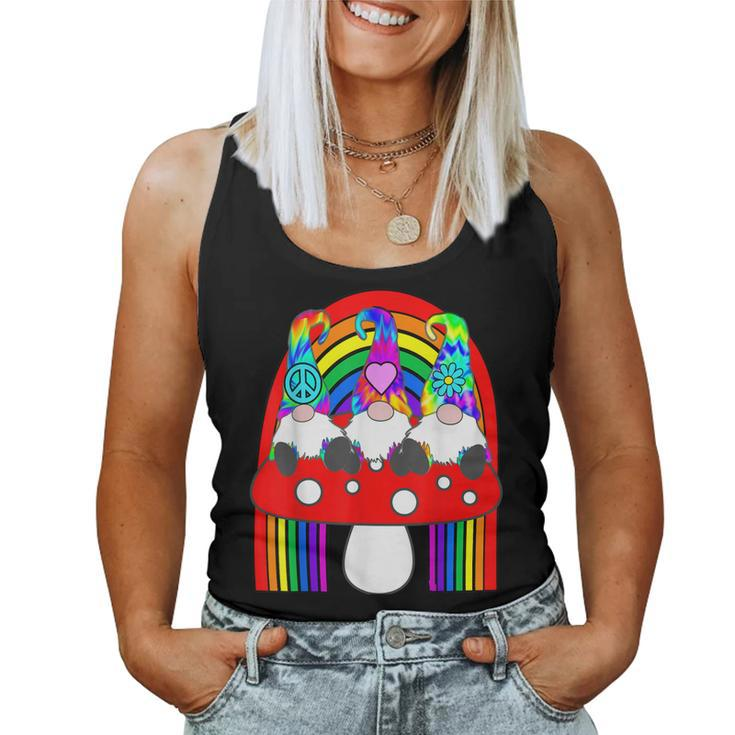 3 Hippie Gnomes On Mushroom Under Rainbow Whimsical Women Tank Top