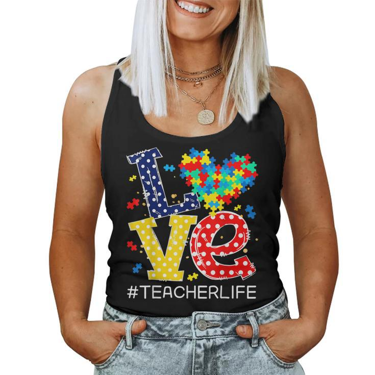 Autism Awareness Month Love Heart Puzzle Piece Teacher Life  Women Tank Top Basic Casual Daily Weekend Graphic