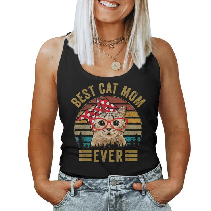 Best Cat Mom Ever Vintage Retro 70S Bandana Red Glasses Women Tank Top Basic Casual Daily Weekend Graphic