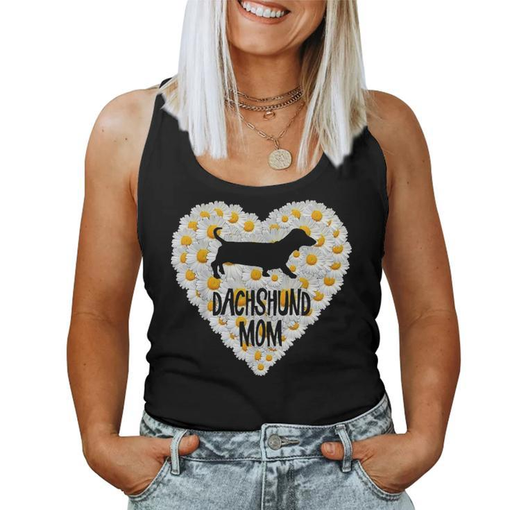 Dog Mom On Love Heart White Daisy Flowers Dachshund V2 Women Tank Top Basic Casual Daily Weekend Graphic
