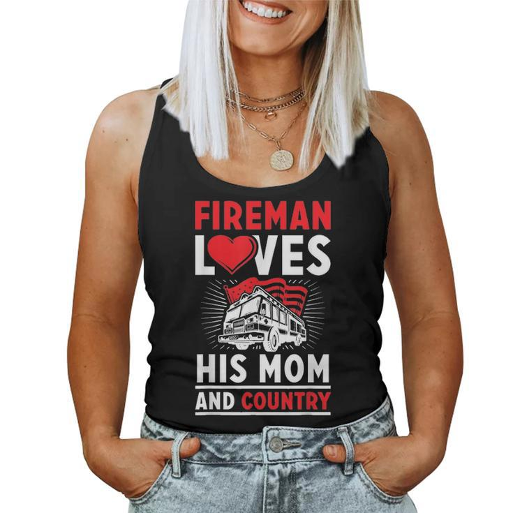 Fireman Loves His Mom And Country Mothers Day Firefighter Women Tank Top Basic Casual Daily Weekend Graphic