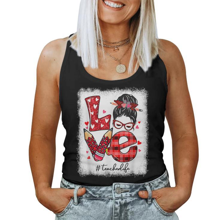 Funny Love Messy Bun Teacher Life Valentines Day Matching  Women Tank Top Basic Casual Daily Weekend Graphic